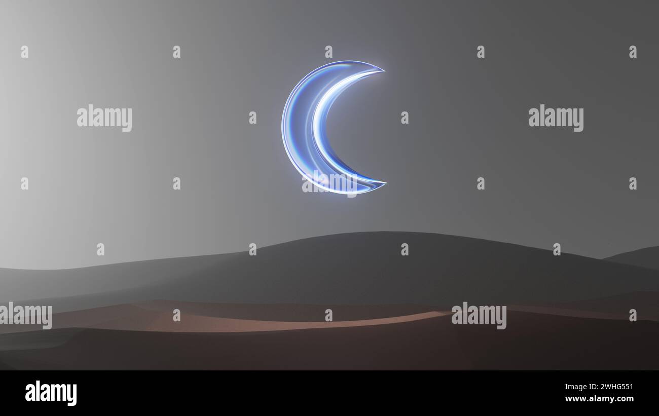 3d illustration glass crescent moon in the desert in the fog, Ramadan concept Stock Photo