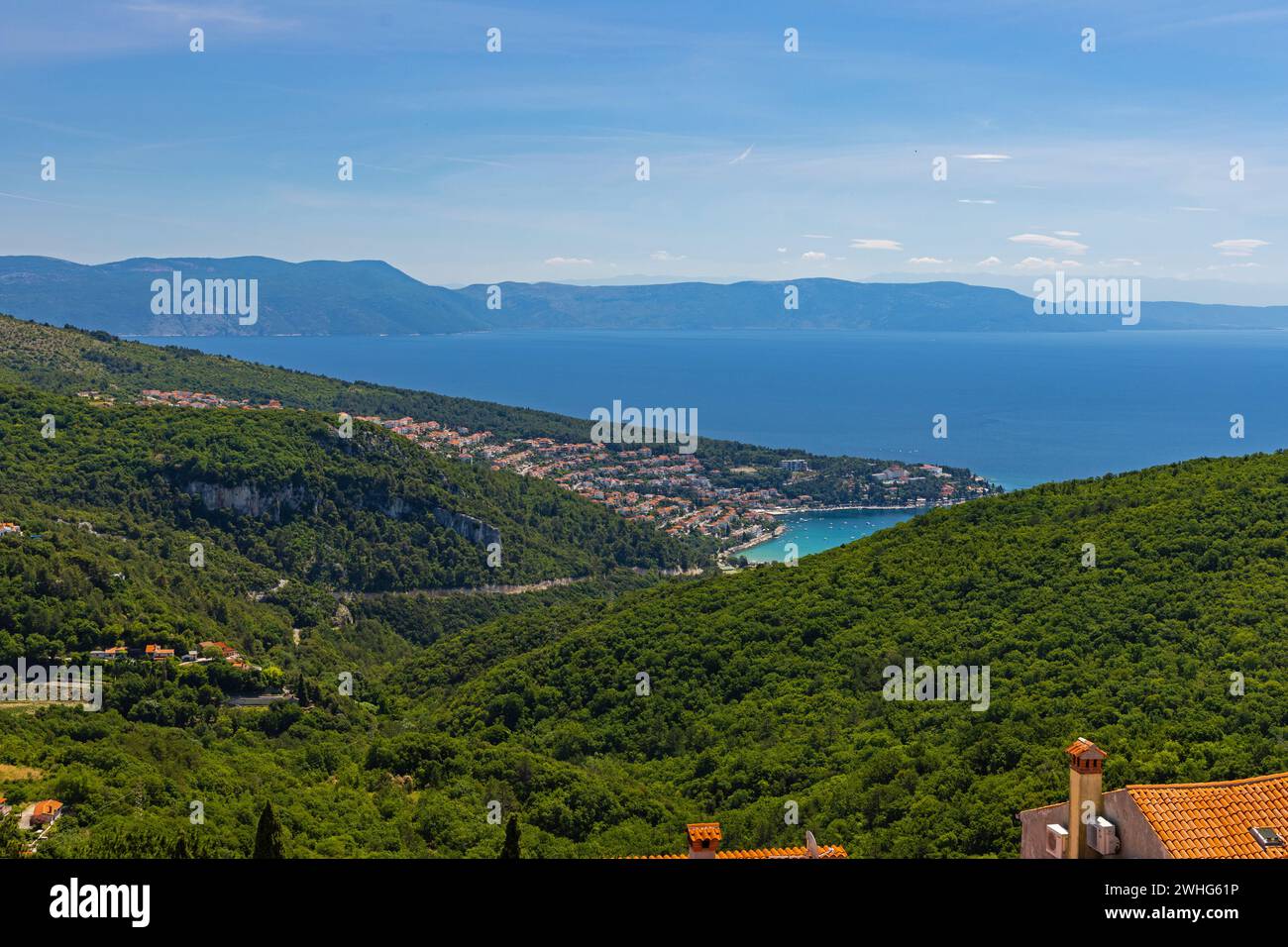 View from Labin to Rabac and the island Cres in Croatia Stock Photo