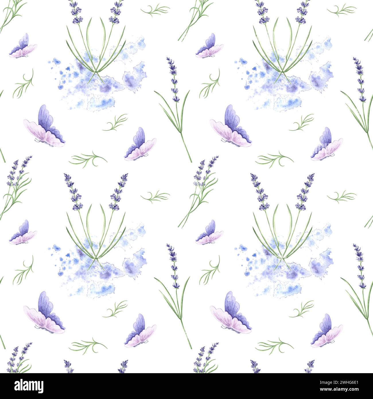 Seamless pattern with bouquet of purple lavender flowers and butterfly ...