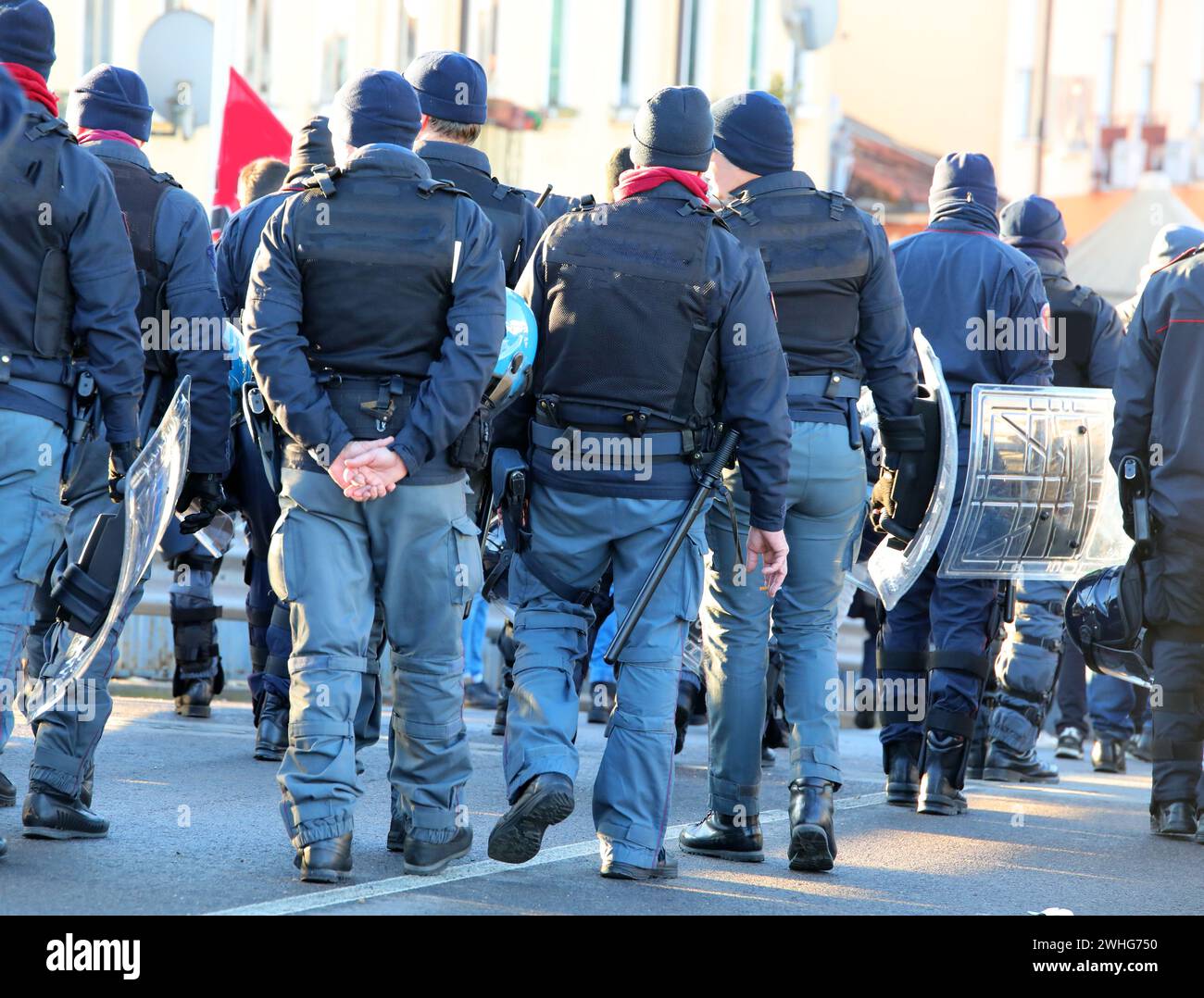 police in riot gear during the protest demonstration with helmets on ...