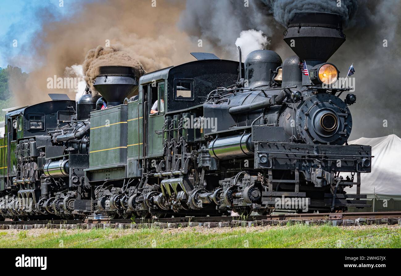 View of Two Shay Steam Engines, Heading Out for a Parade of Steam With the Two Engines Connected Together Stock Photo