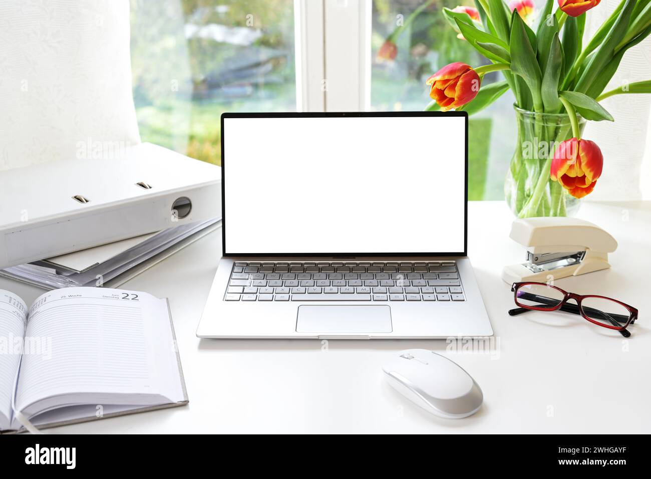 White office workspace by the window, laptop with blank screen, tulip bouquet and supplies on a desk at home, mock up, copy spac Stock Photo