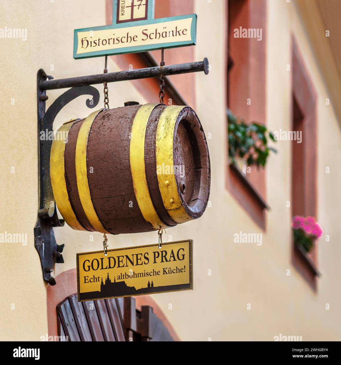 The barrel above the  entrance of a restaurant Stock Photo