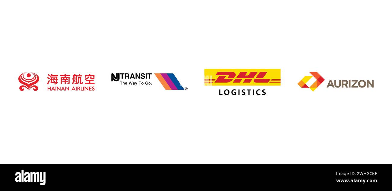 Aurizon, New Jersey Transit, DHL Logistics, Hainan Airlines. Vector illustration, editorial logo. Stock Vector