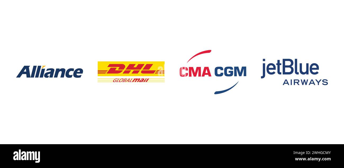 CMA CGM, JetBlue Airways, DHL Global Mail, Alliance Airlines. Vector illustration, editorial logo. Stock Vector