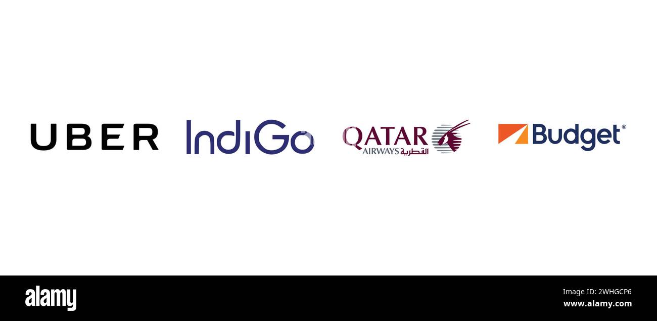 Qatar Airways, Uber, Budget, IndiGo Airlines. Vector illustration, editorial logo. Stock Vector