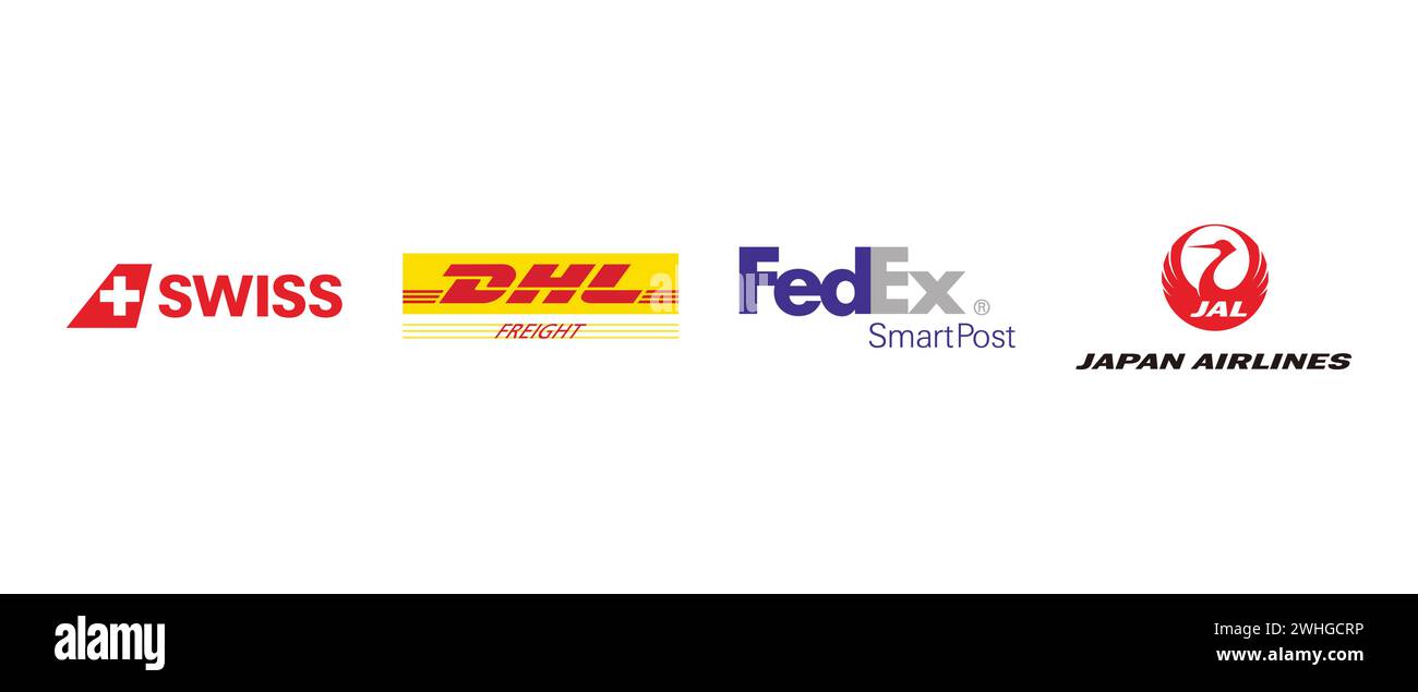 FedEx SmartPost, Japan Airlines,DHL Freight, Swiss International Air Lines. Vector illustration, editorial logo. Stock Vector