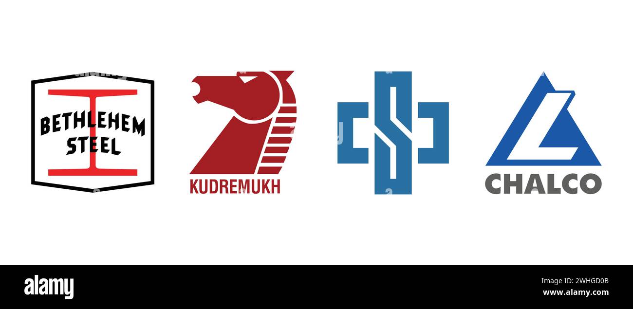 Kudremukh Iron Ore Company, Aluminum Corporation of China, China Steel, Bethlehem Steel. Vector illustration, editorial logo. Stock Vector