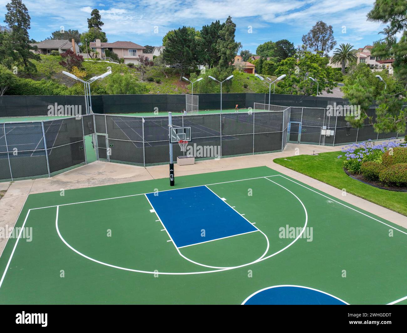 Aerial view of recreational facilities with basketball court in private residential community in La Jolla Stock Photo