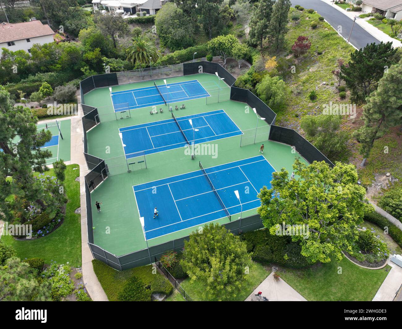 Aerial view of recreational facilities with tennis in private residential community in La Jolla Stock Photo