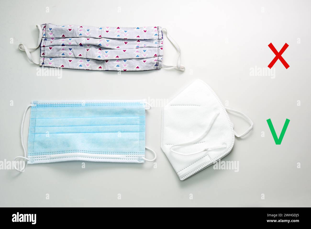 Outdated self sewn cotton face mask and two types of protective medical masks. In Germany only surgical and ffp2 masks are allow Stock Photo