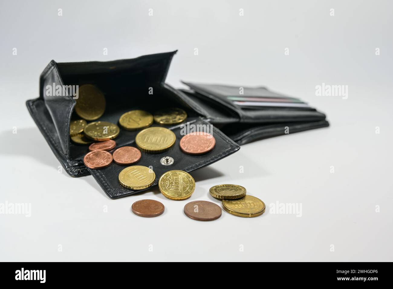 Empty leather wallet with a few euro coins, concept for poor money, economy and crisis during lockdown due to covid-19 pandemic, Stock Photo
