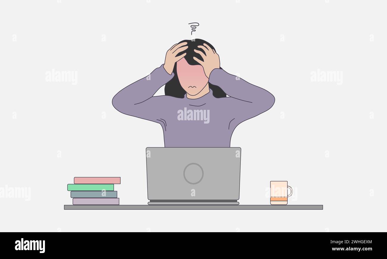 Sad, tired or exhausted woman. Stressful work or study. Vector illustration. Stock Vector