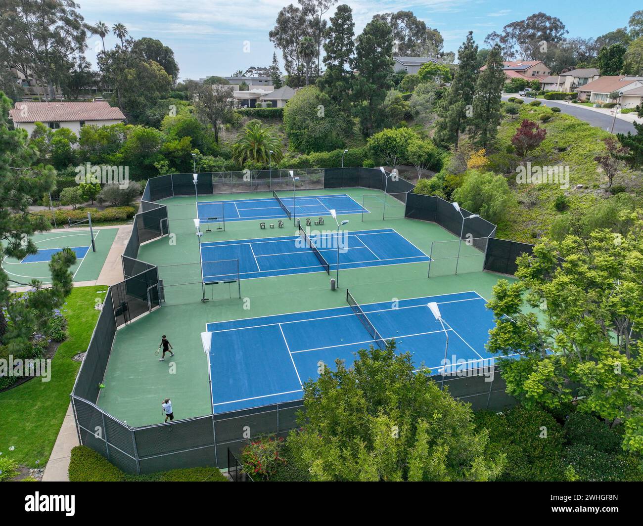 Aerial view of recreational facilities with tennis in private residential community in La Jolla Stock Photo