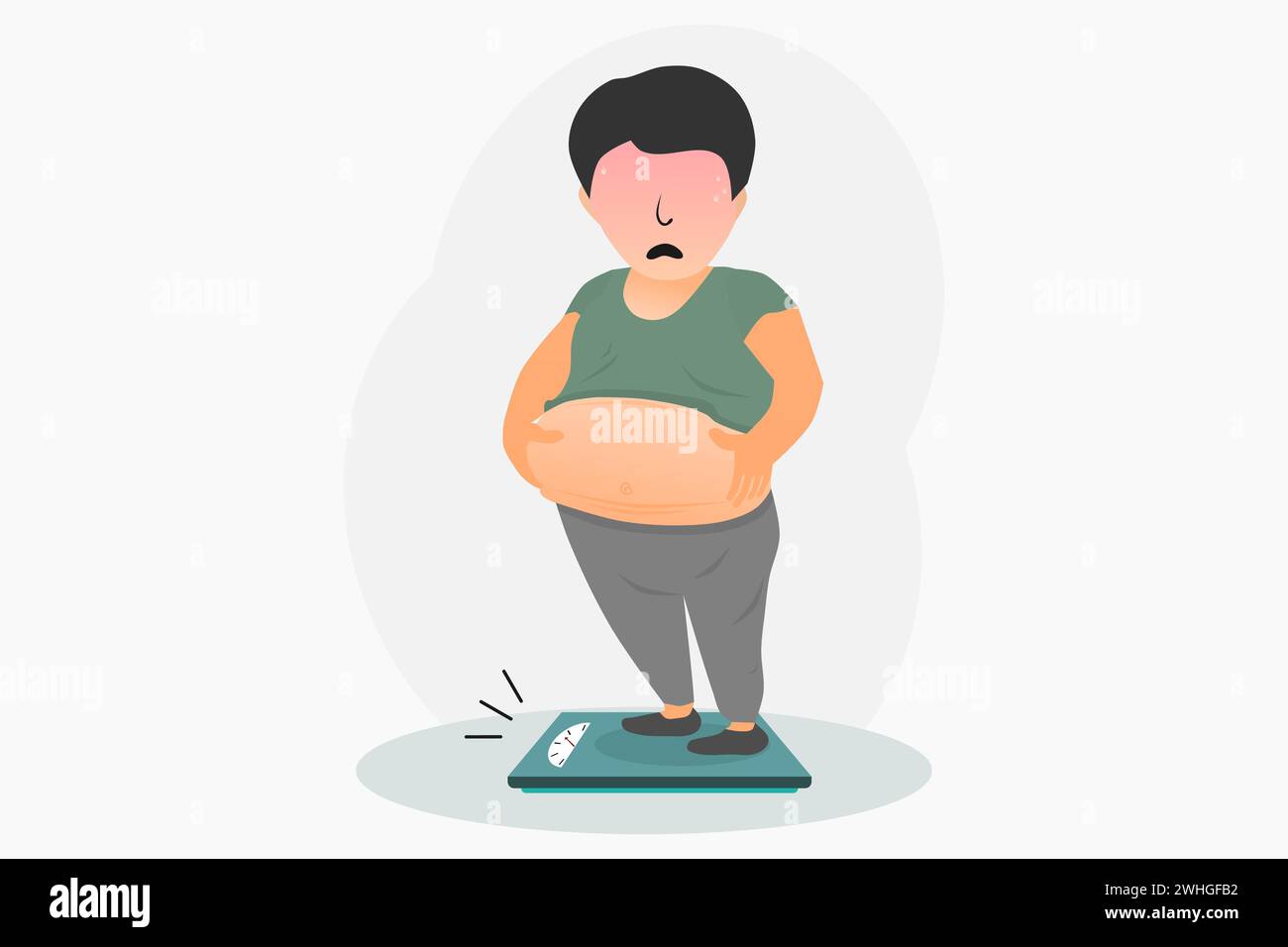 A fat pot-bellied man standing on the scales. Overweight man. Vector illustration. Stock Vector