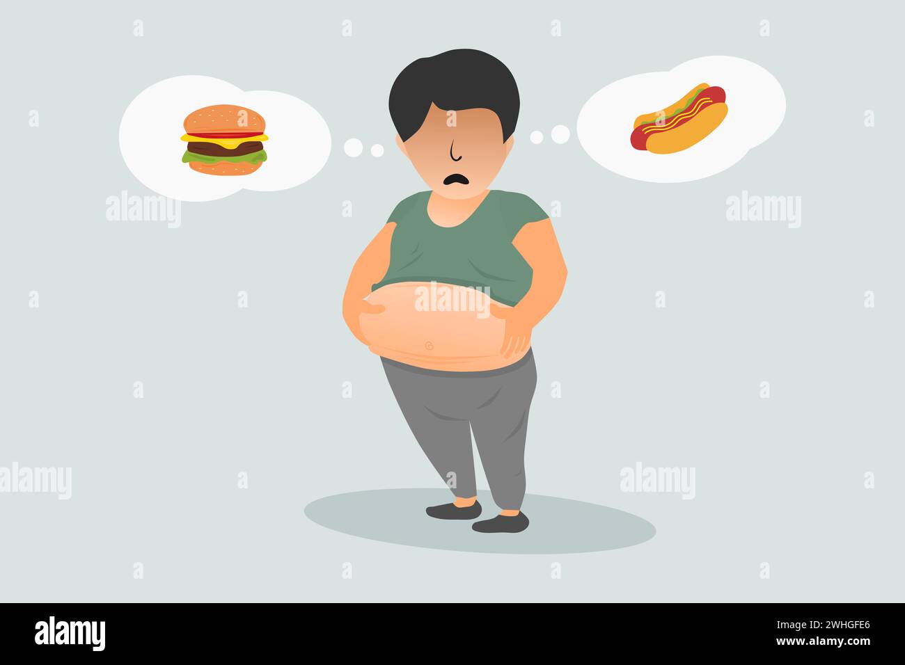 A fat potbellied man. An overweight man holding his stomach. Vector