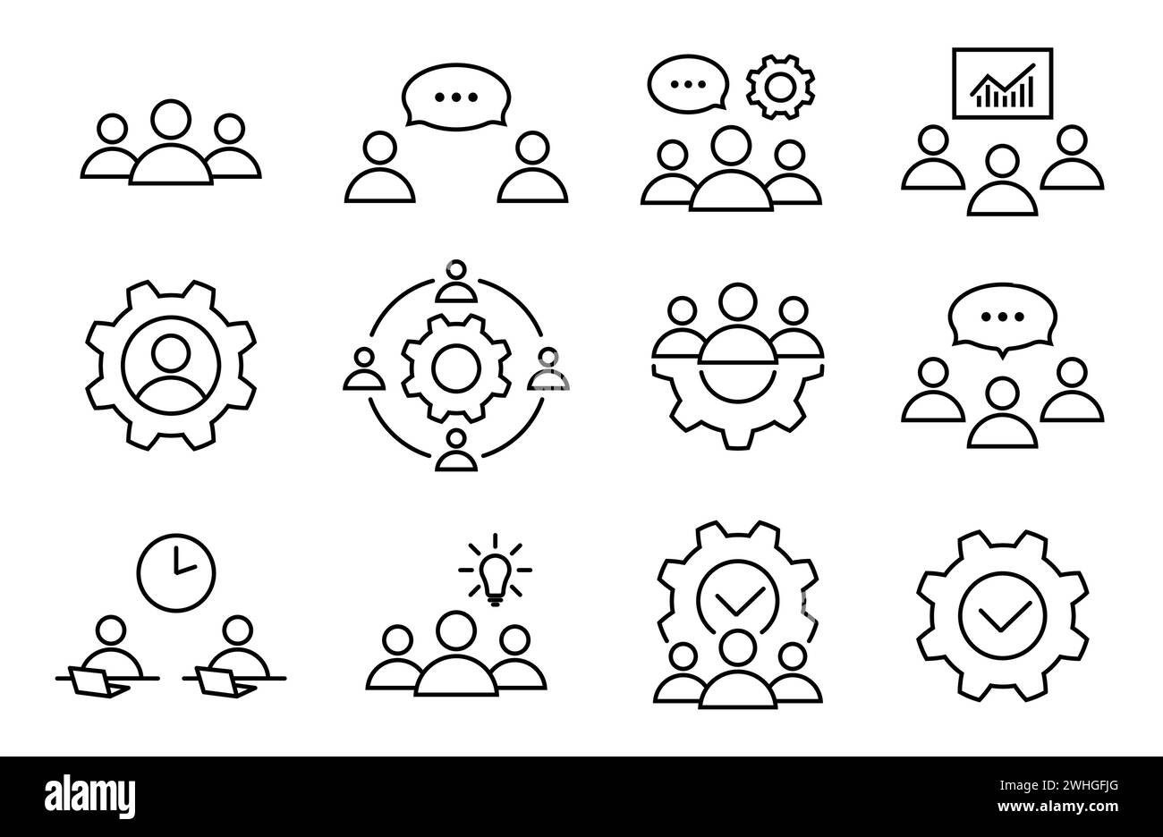 Teamwork process line icon set in flat. Creative, discussion and brainstorming symbols. Talking people and meeting signs. Simple abstract icons. Vecto Stock Vector