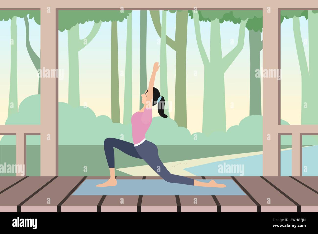 A young woman in sportswear standing in yoga pose on terrace with trees in background. Vector illustration. Stock Vector