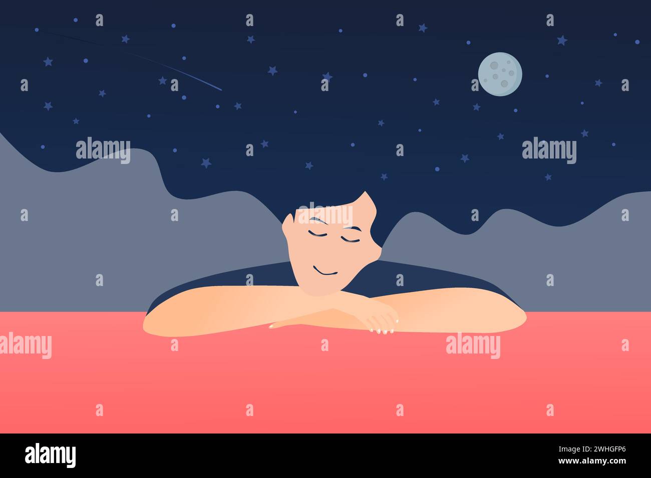 Young people with closed eyes, sleeping, and night starry sky. Dreaming or daydreaming. Vector illustration. Stock Vector