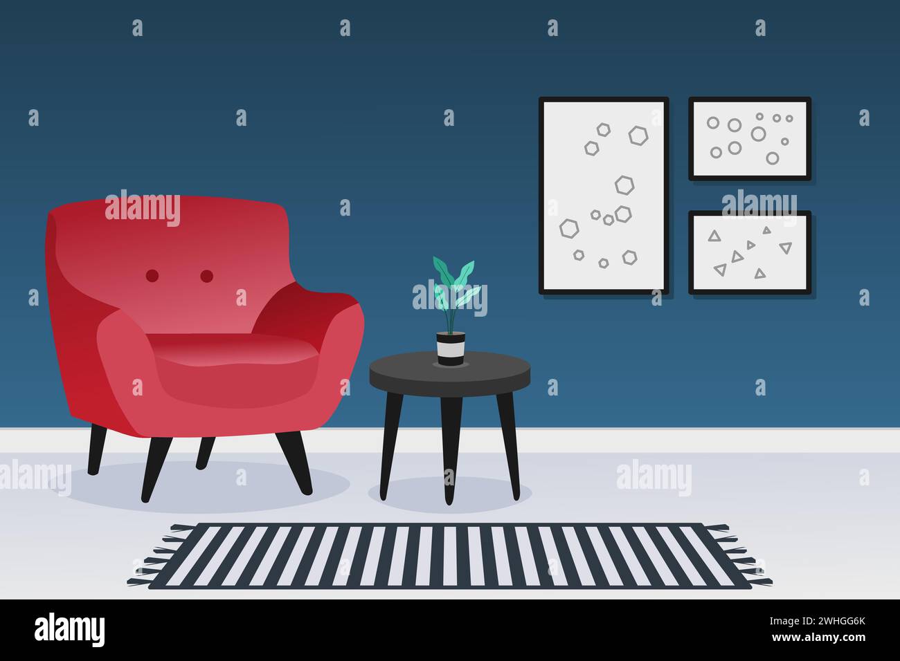 Interior design of a living room with red sofa and dark blue wall. Home interior. Vector illustration. Stock Vector