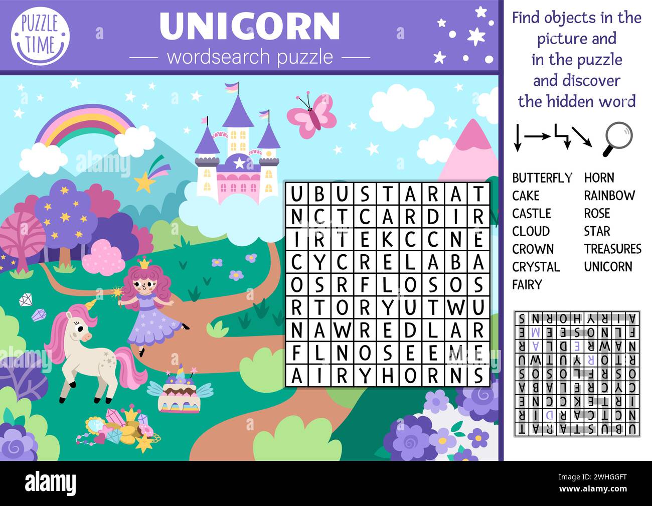Vector unicorn wordsearch puzzle for kids. Simple word search quiz with fantasy country landscape. Educational activity with castle, rainbow, fairy. C Stock Vector