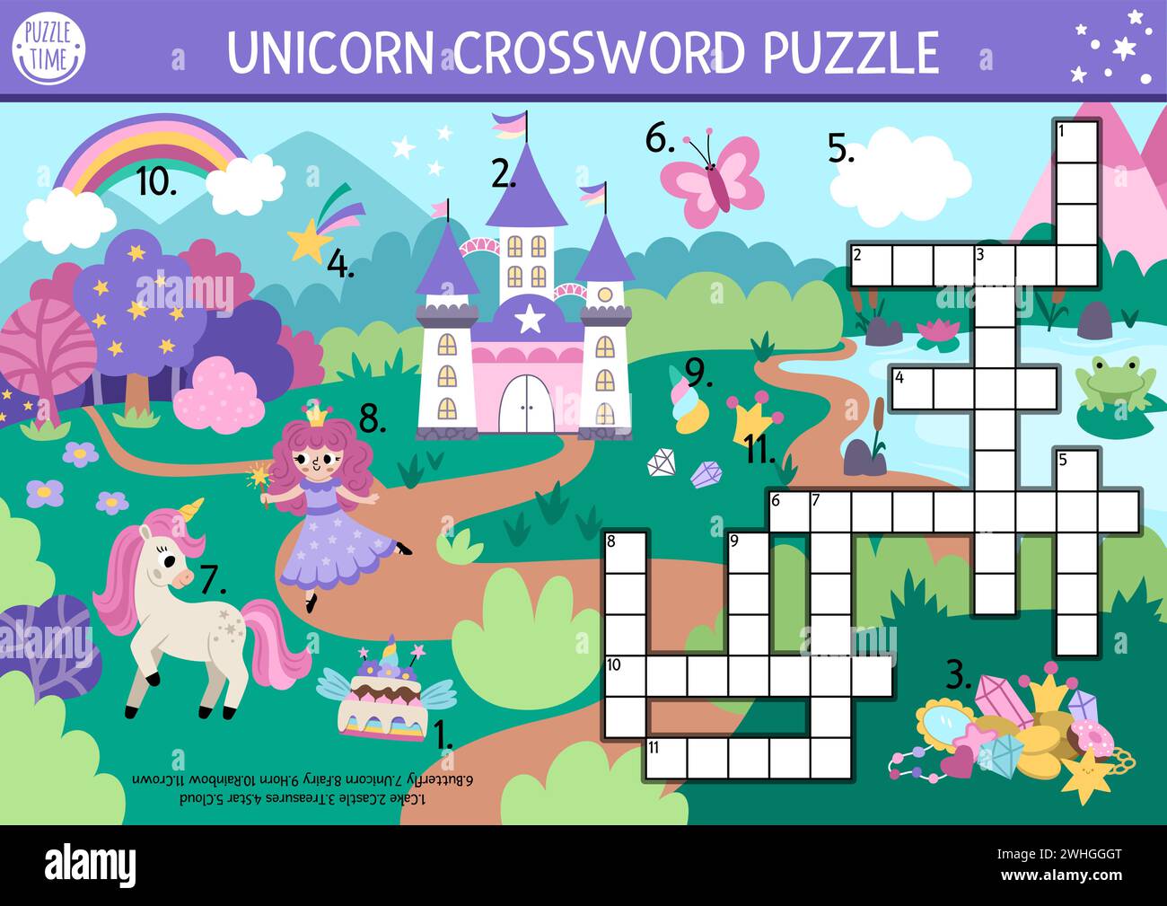 Vector unicorn crossword puzzle for kids. Simple quiz with fantasy country landscape for children. Educational activity with castle, rainbow, fairy. C Stock Vector