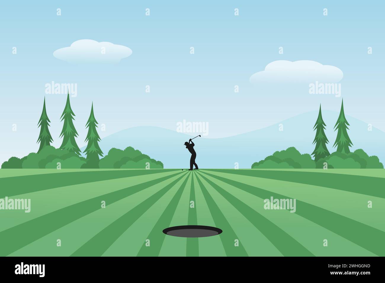 Golf course vector illustration with golf player or golfer. Outdoor Sport. Stock Vector