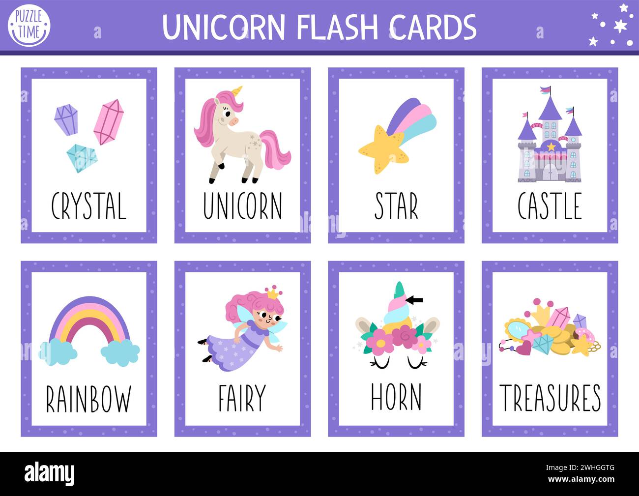 Vector unicorn flash cards set with fairy, castle, rainbow. Fairytale ...