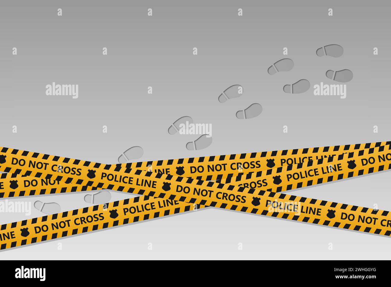 Black and yellow police line and do not cross tapes design with footprints on the background. Vector illustration. Stock Vector