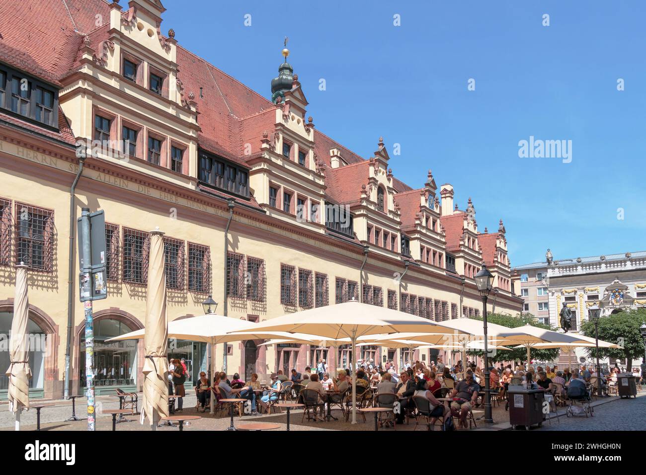 Leipzig Town Hall with inviting cafes and restaurants Stock Photo