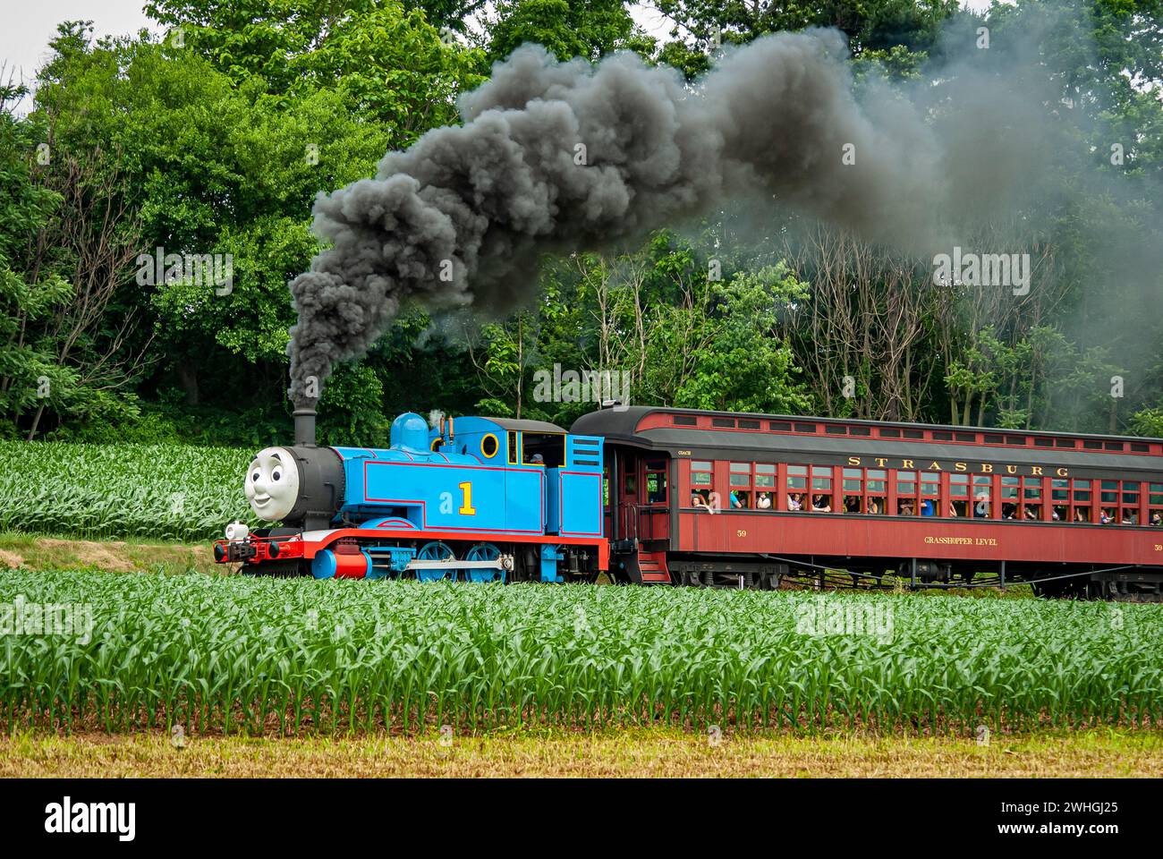 View of Thomas the Train Pulling Passenger Cars Blowing Smoke and Steam Stock Photo