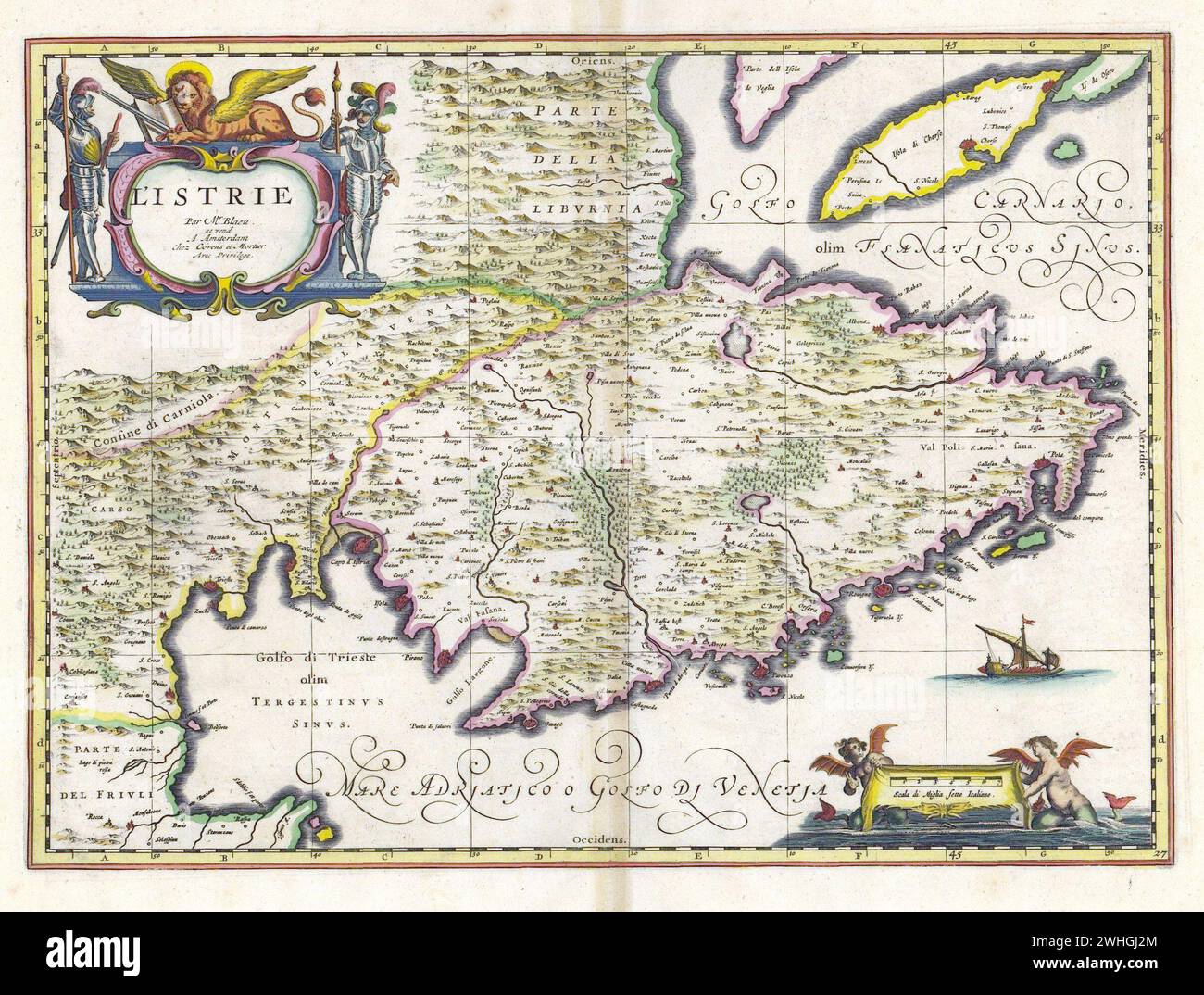 old map of Istria, Adriatic Sea Willem and Johannes Joan  Blaeu, 17th century Stock Photo