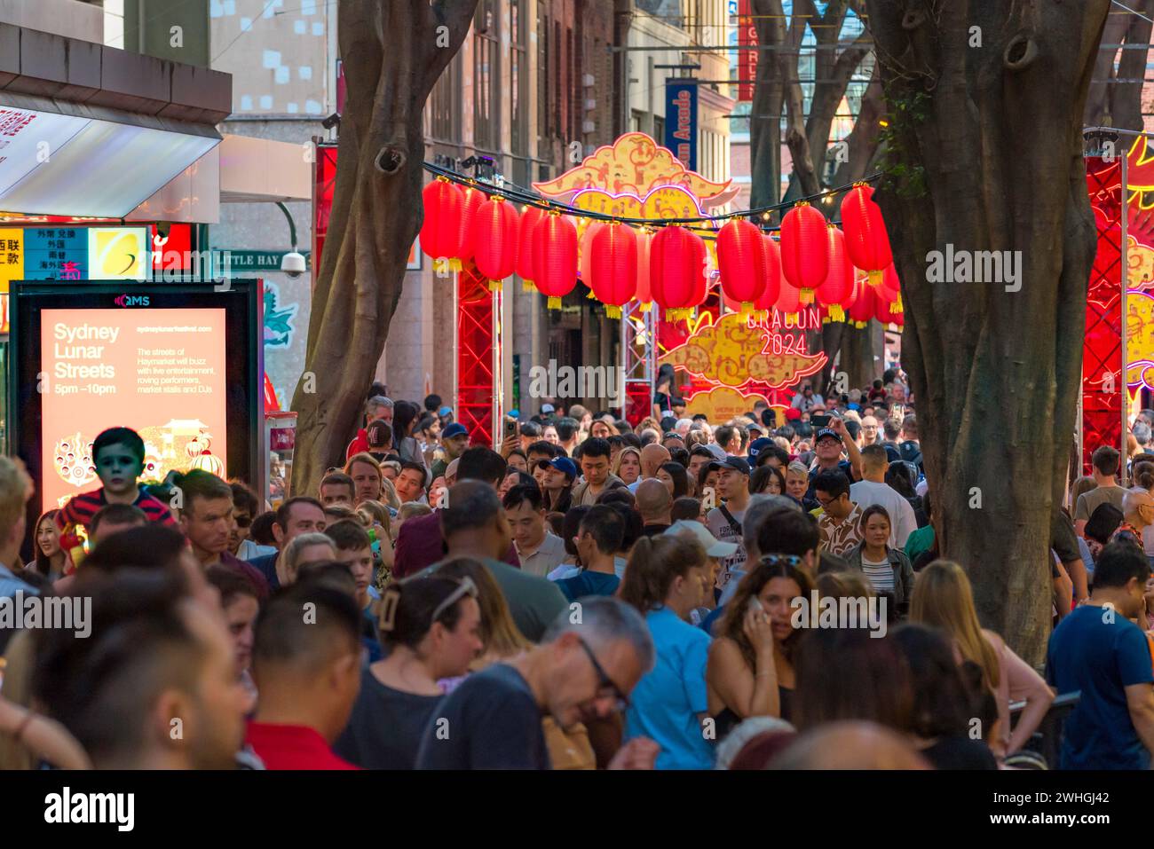 Sydney Australia 10 Feb 2024: Lunar New Year kicked off in earnest today with big crowds of people flocking to Sydney’s China Town to eat and celebrate. Food from many different nations was available from restaurants and specially set up stalls to keep everyone fed and happy. Many visitors chose to walk through Dixon Street, the traditional hub of China Town in Sydney. Credit: Stephen Dwyer / Alamy Live News Stock Photo