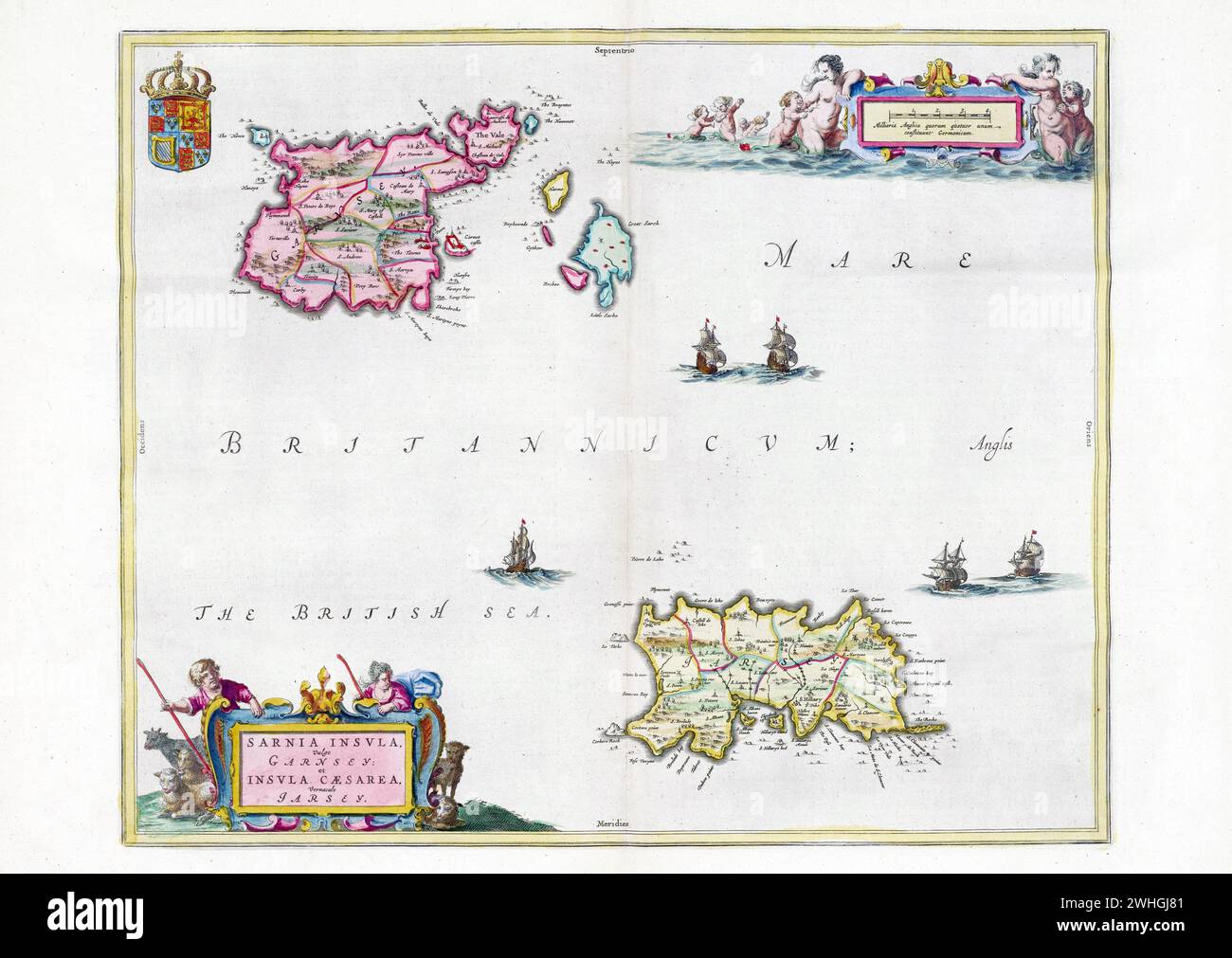 Historical map of Guernsey and Jersey, Channel Islands, English Channel, Willem and Johannes Joan  Blaeu, ca 1665 Stock Photo