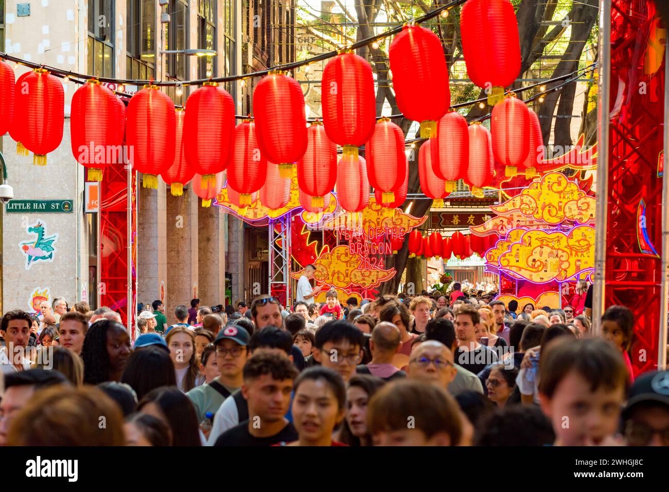 Sydney Australia 10 Feb 2024: Lunar New Year kicked off in earnest today with big crowds of people flocking to Sydney’s China Town to eat and celebrate. Food from many different nations was available from restaurants and specially set up stalls to keep everyone fed and happy. Many visitors chose to walk through Dixon Street, the traditional hub of China Town in Sydney. Credit: Stephen Dwyer / Alamy Live News Stock Photo