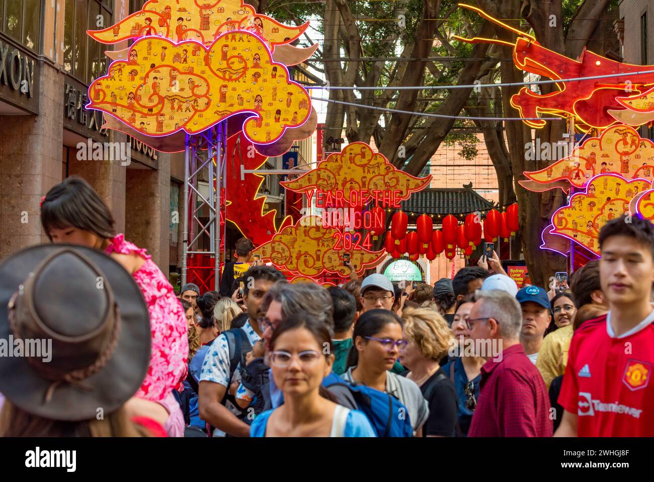 Sydney Australia 10 Feb 2024: Lunar New Year kicked off in earnest today with big crowds of people flocking to Sydney’s China Town to eat and celebrate. Food from many different nations was available from restaurants and specially set up stalls to keep everyone fed and happy. Many visitors chose to walk through Dixon Street, the traditional hub of China Town in Sydney. Credit: Stephen Dwyer / Alamy Live News Stock Photo