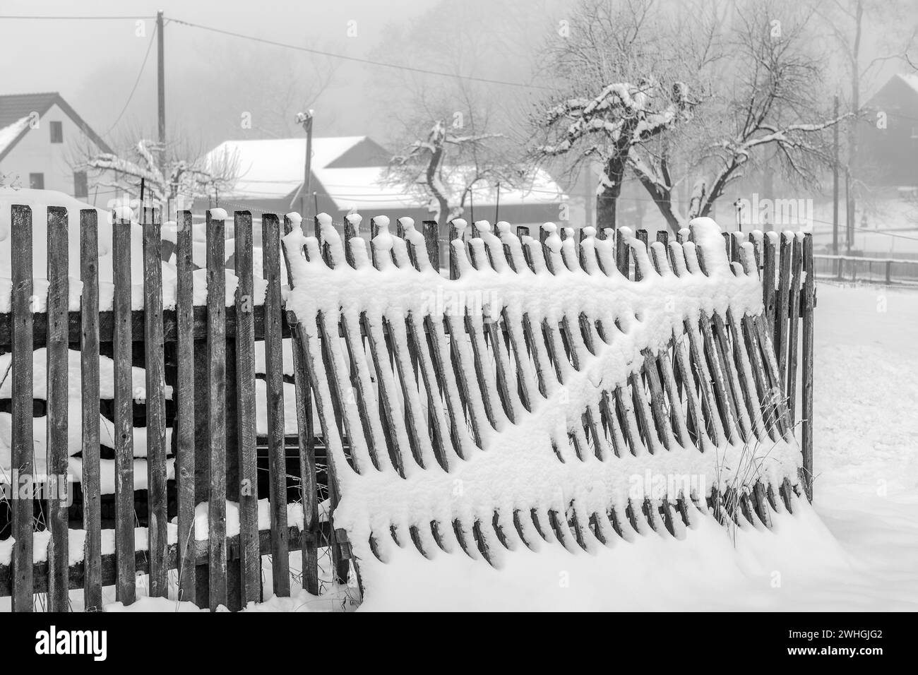 Fog in the village and a snow fence Stock Photo