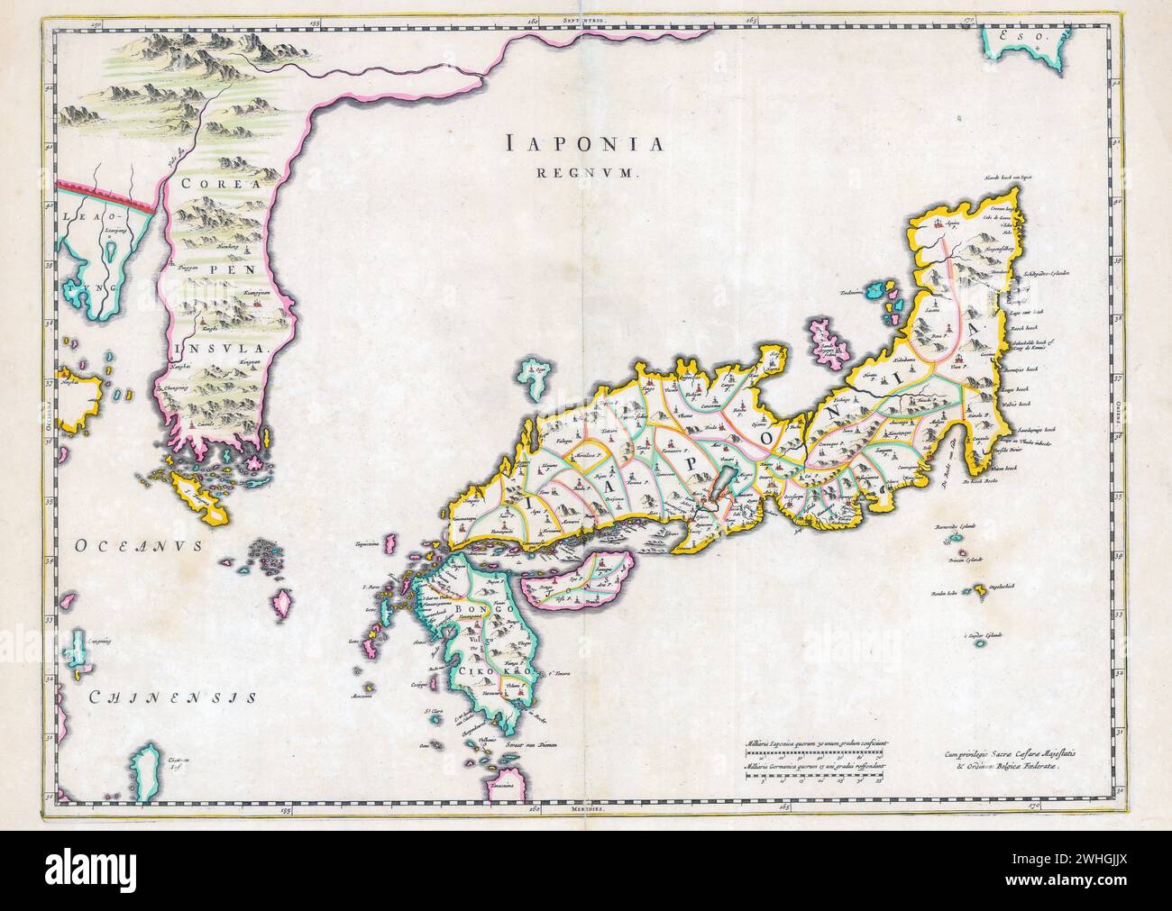 Old map of imperial Japan Willem and Johannes Joan Blaeu, ca 1655 *** Old map of imperial Japan Willem and Johannes Joan Blaeu, ca 1655 Stock Photo