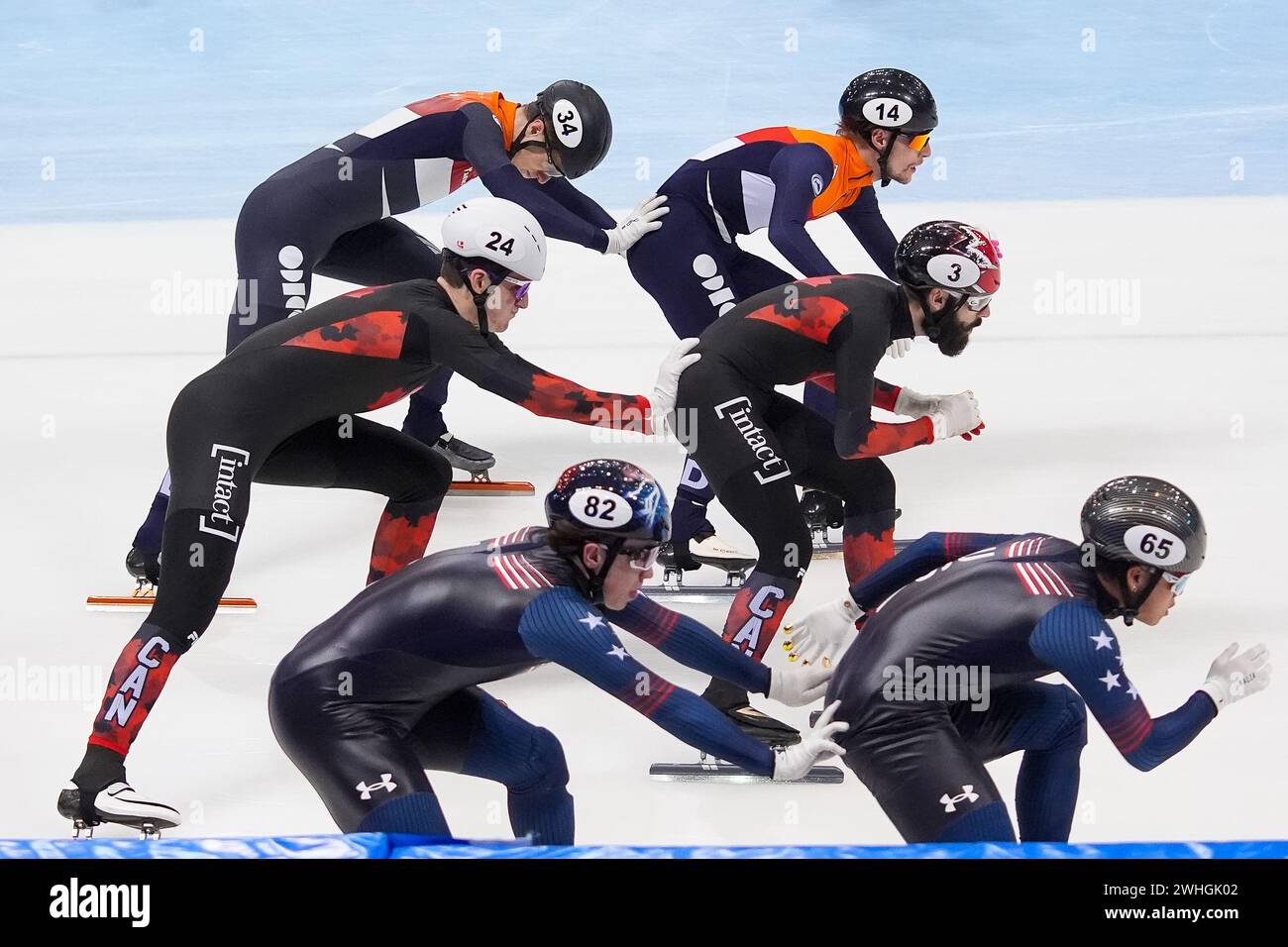 Dresden, Germany. 10th Feb, 2024. DRESDEN, GERMANY - FEBRUARY 10: Teun Boer of The Netherlands, Friso Emons of The Netherlands, Felix Roussel of Canada, Steven Dubois of Canada, Marcus Howard of USA, Andrew Heo of USA competing on the Mixed Team relay Semifinals during the ISU World Cup Short Track Speed Skating 5 Dresden at JOYNEXT Arena on February 10, 2024 in Dresden, Germany. (Photo by Andre Weening/Orange Pictures) Credit: Orange Pics BV/Alamy Live News Credit: Orange Pics BV/Alamy Live News Stock Photo