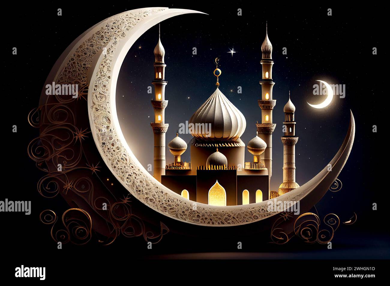 festive greeting card for Muslim holy month Ramadan Kareem with mosque and crescent Stock Photo