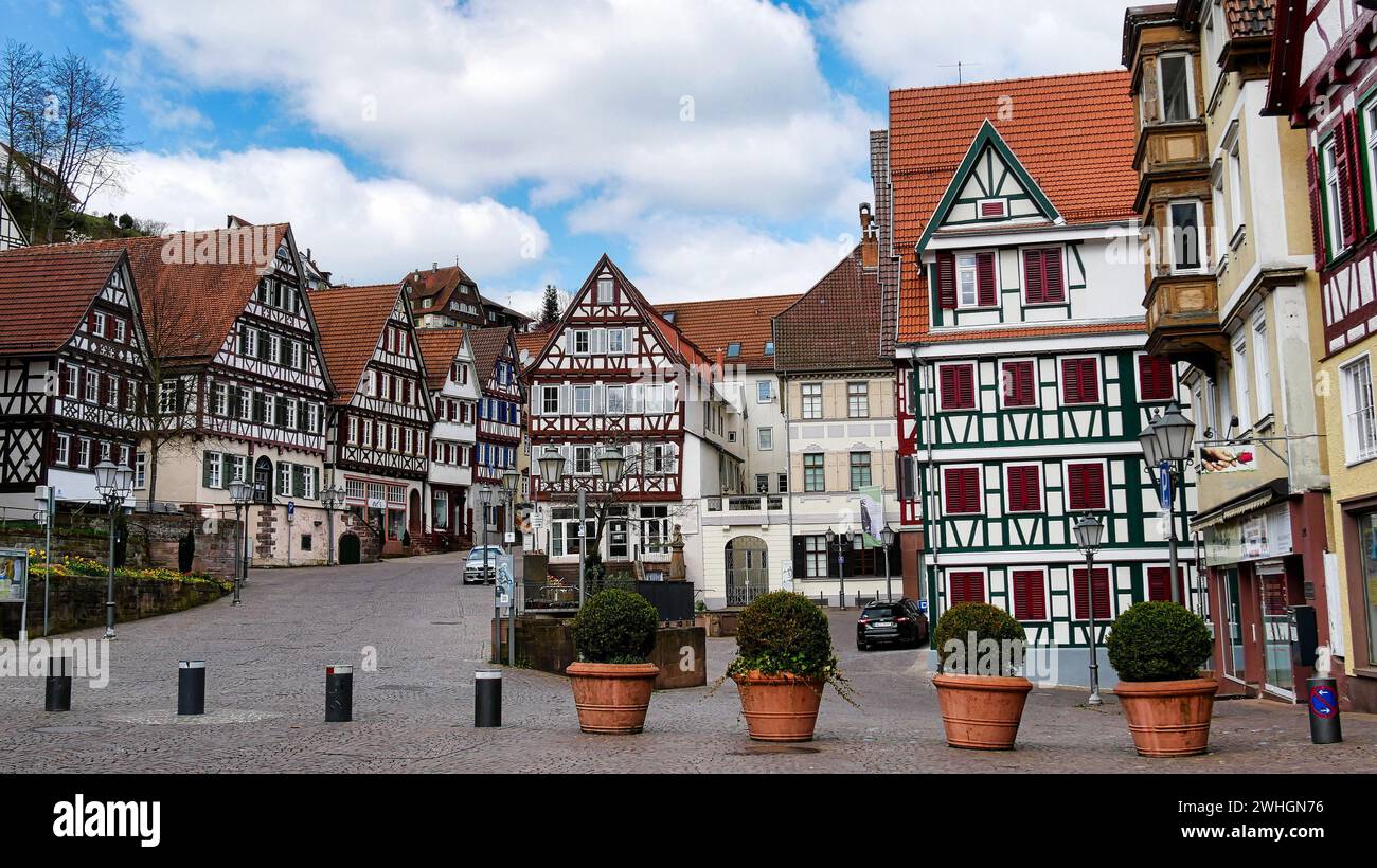 Historischer Marktplatz in Calw, FachwerkhÃ¤user, Hermann-Hesse-Stadt Stock Photo