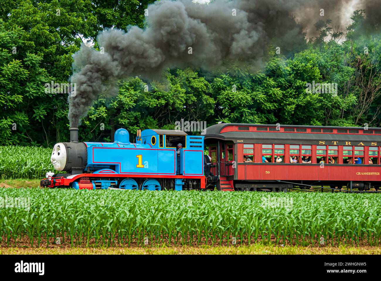 View of Thomas the Train Pulling Passenger Cars Blowing Smoke and Steam Stock Photo