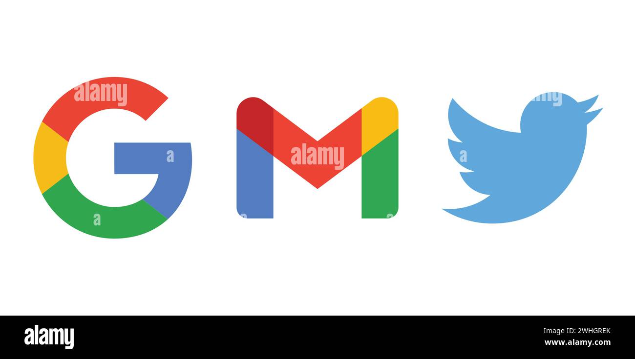 Twitter, Gmail, Google. Editorial brand emblem. Stock Vector