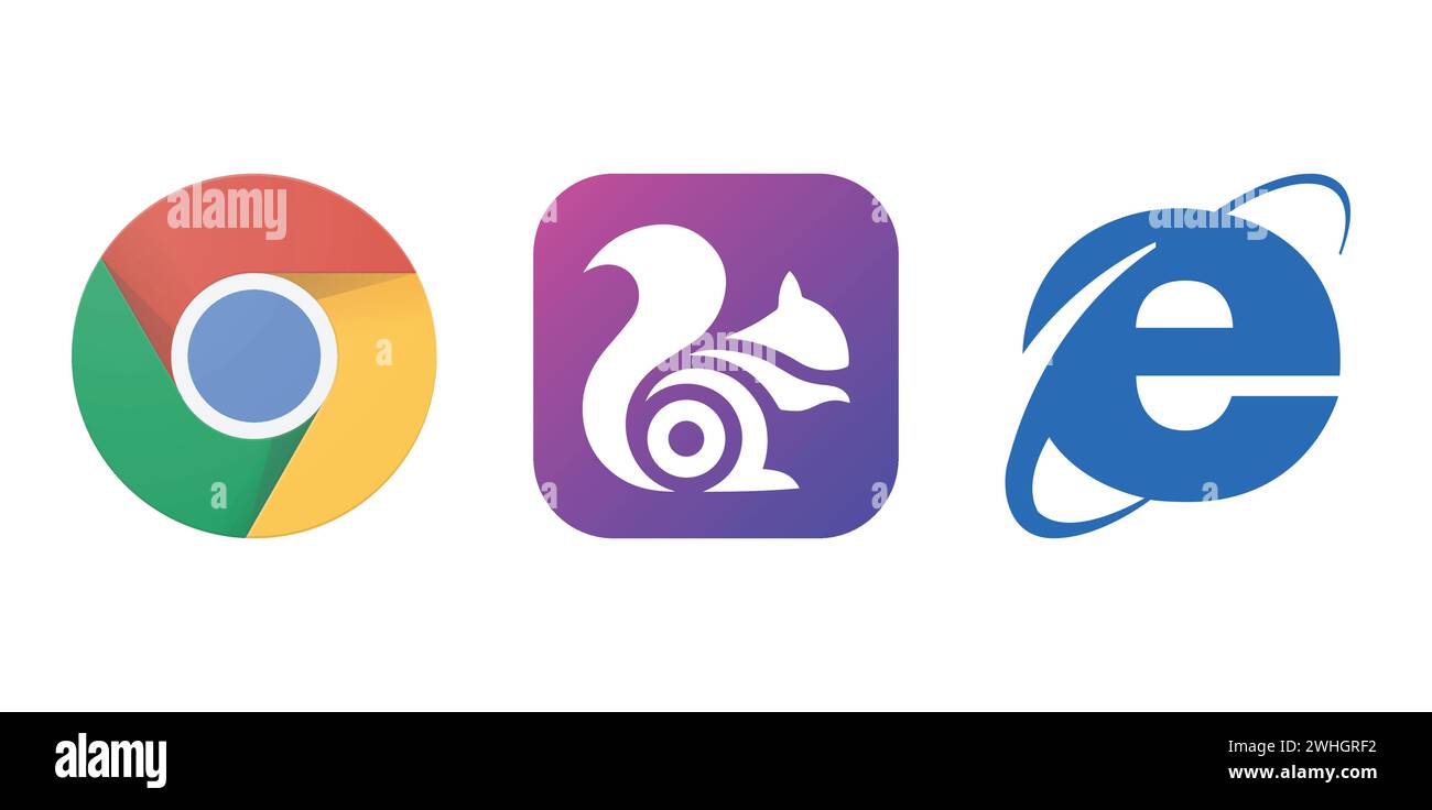 UC Browser Turbo logo, Google Chrome, Internet Explorer 11. Editorial brand emblem. Stock Vector