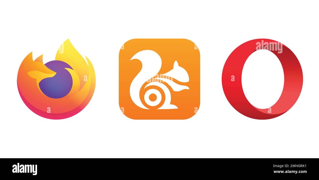 UC Browser, Opera Web Browser, Mozilla Firefox. Editorial brand emblem. Stock Vector