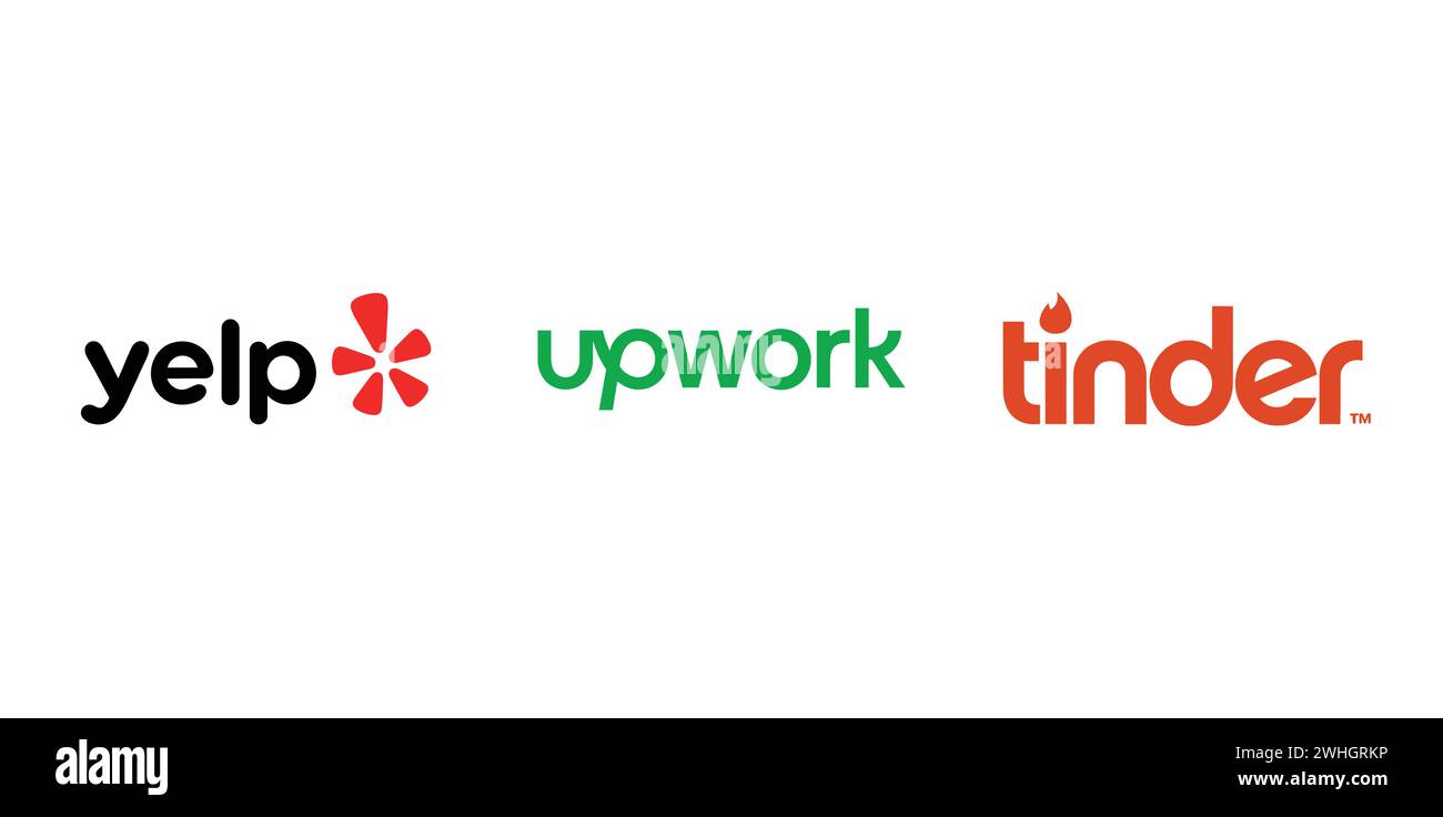 Upwork, Yelp, Tinder. Editorial brand emblem. Stock Vector