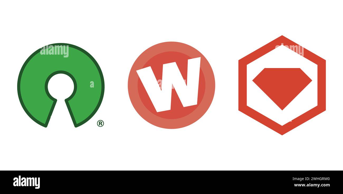 Wufoo, Open Source Initiative, RubyGems. Editorial brand emblem. Stock Vector
