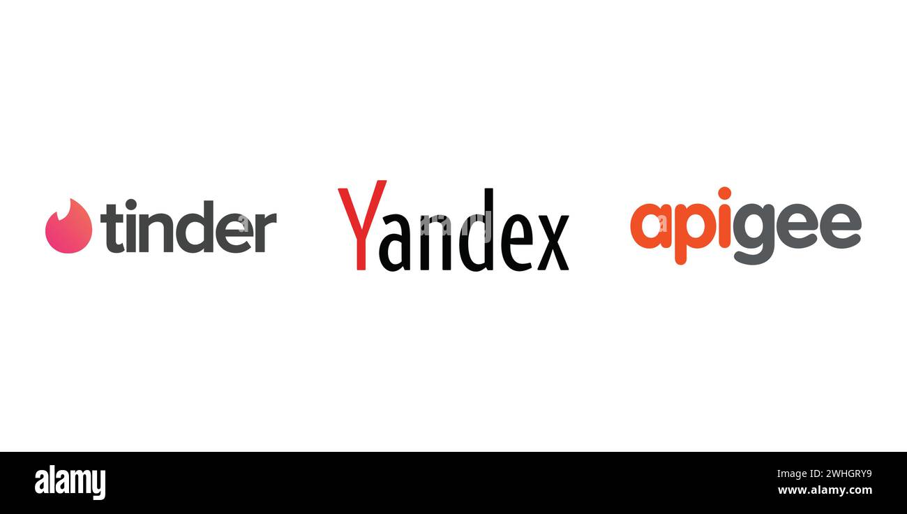Tinder, Yandex, Apigee. Editorial brand emblem. Stock Vector