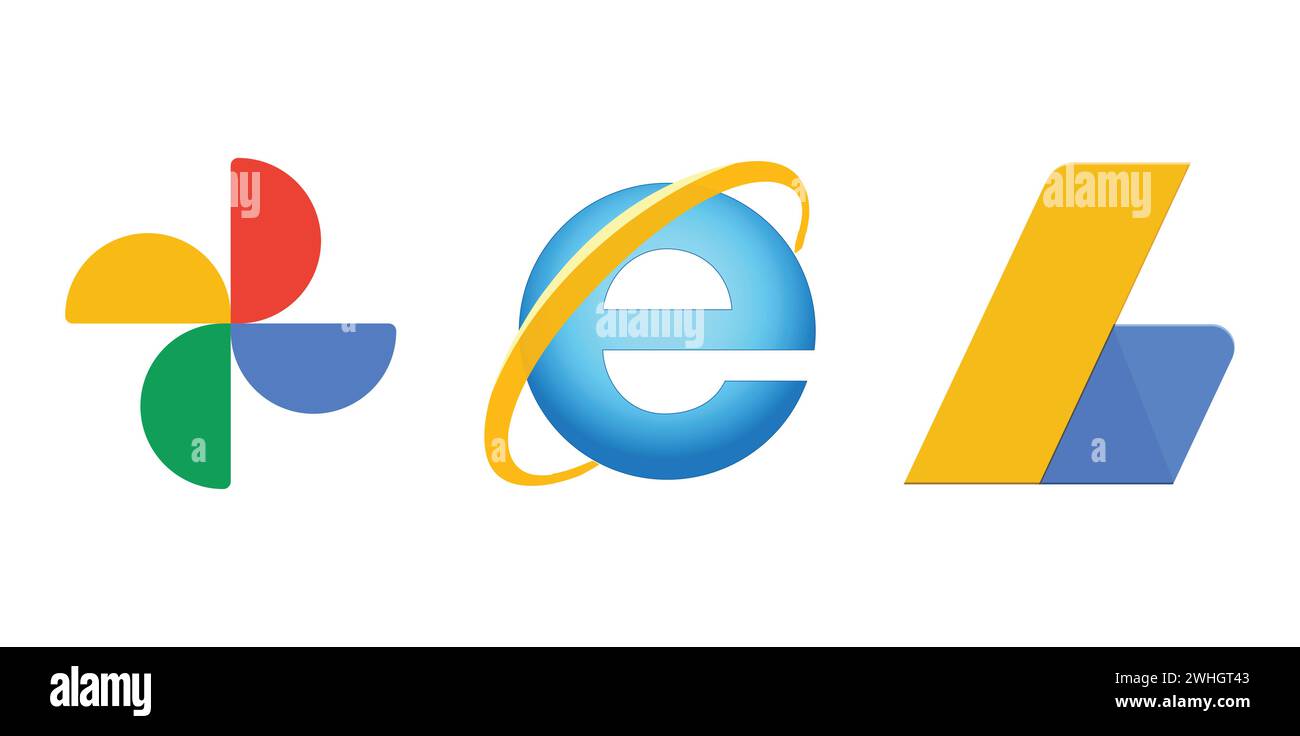 Google Photos, Internet Explorer 9, Google AdSense. Editorial brand emblem. Stock Vector