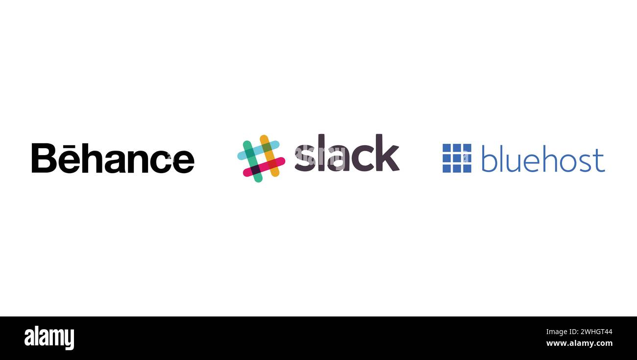 Behance, Slack, BlueHost . Editorial brand emblem. Stock Vector